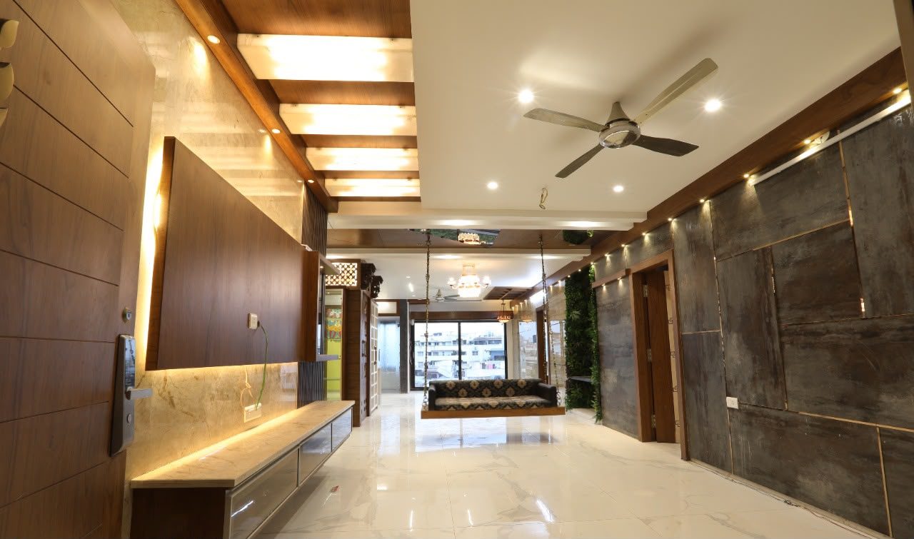 Expansive open living hall with sculpted wood ceiling